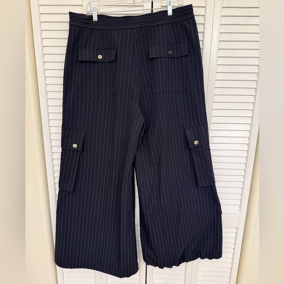 Cynthia Rowley Blue Pinstripe Cargo Dress Pants with Gold Details - Picture 3 of 6